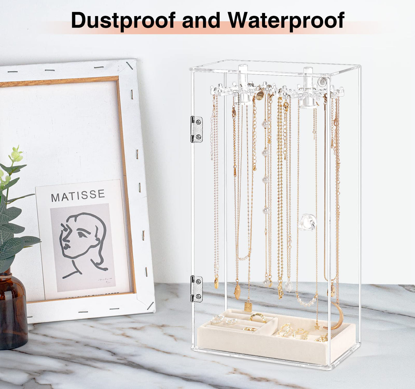 Necklace Holder, Acrylic Jewelry Organizer with 24 Hooks, Rotation Clear Necklaces Pendant Display Case Stand, Dust-proof Velvet Tray Hanging Rack…
