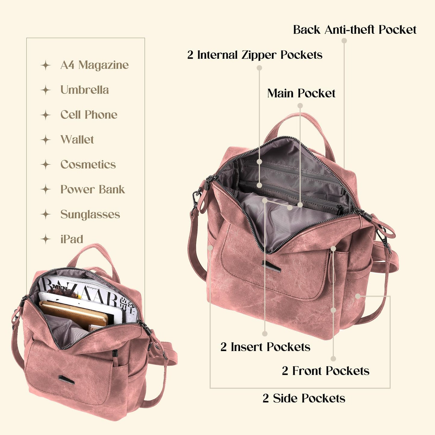 ROOSALANCE Backpack Purse for Women, Women Leather Back pack Purse Waterproof Anti-theft Shoulder Bags Handbags