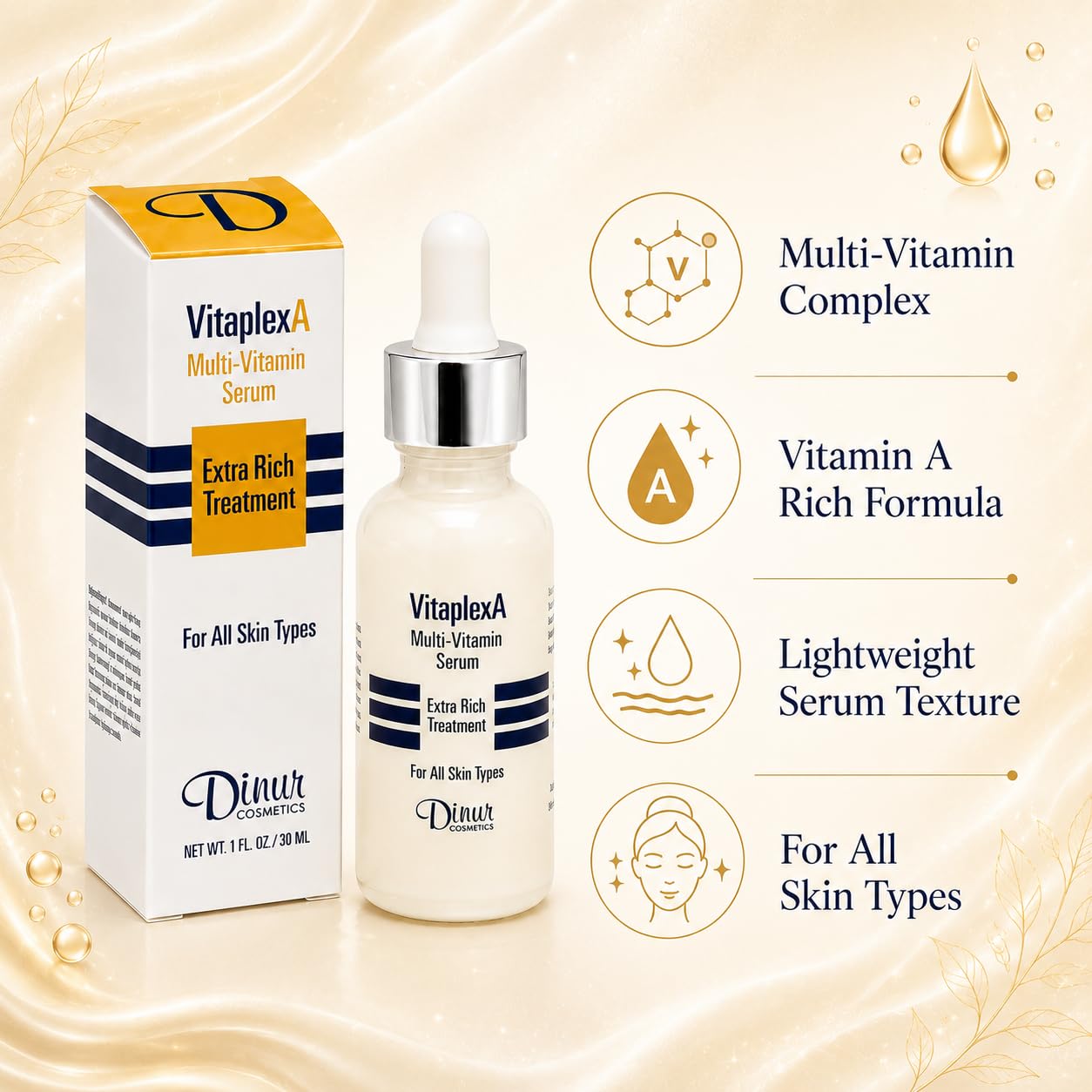 Dinur Cosmetics Vitaplex A Multi-Vitamin Serum Extra Rich Treatment for All Skin Types 1 fl. oz./ 30 ml.