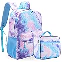 Fenrici Tie Dye Backpack with Lunch Box Set for Girls, School Bag with Laptop Compartment and Insulated Lunch Box, Tie Dye, Pink, Purple, Pastel