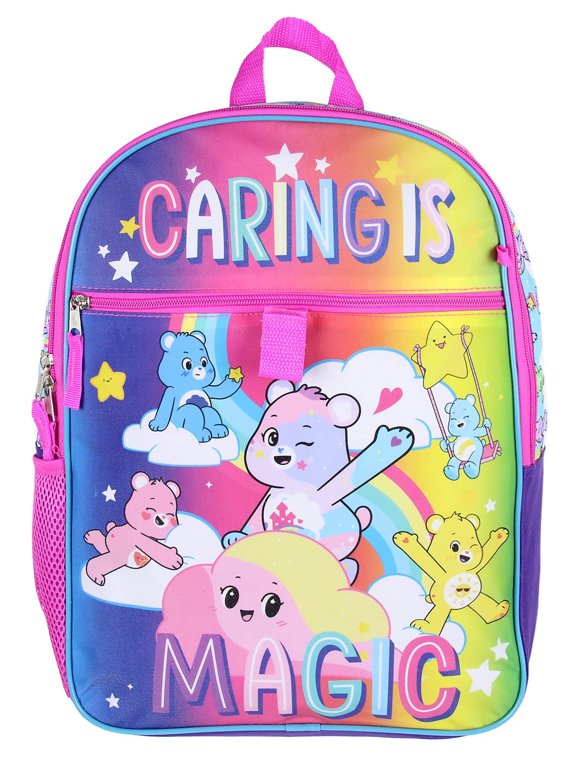 Bioworld Carebears Caring Is Magic 16" Backpack Lunch Tote Water Bottle Sticker Set 5 Pc Mega Set