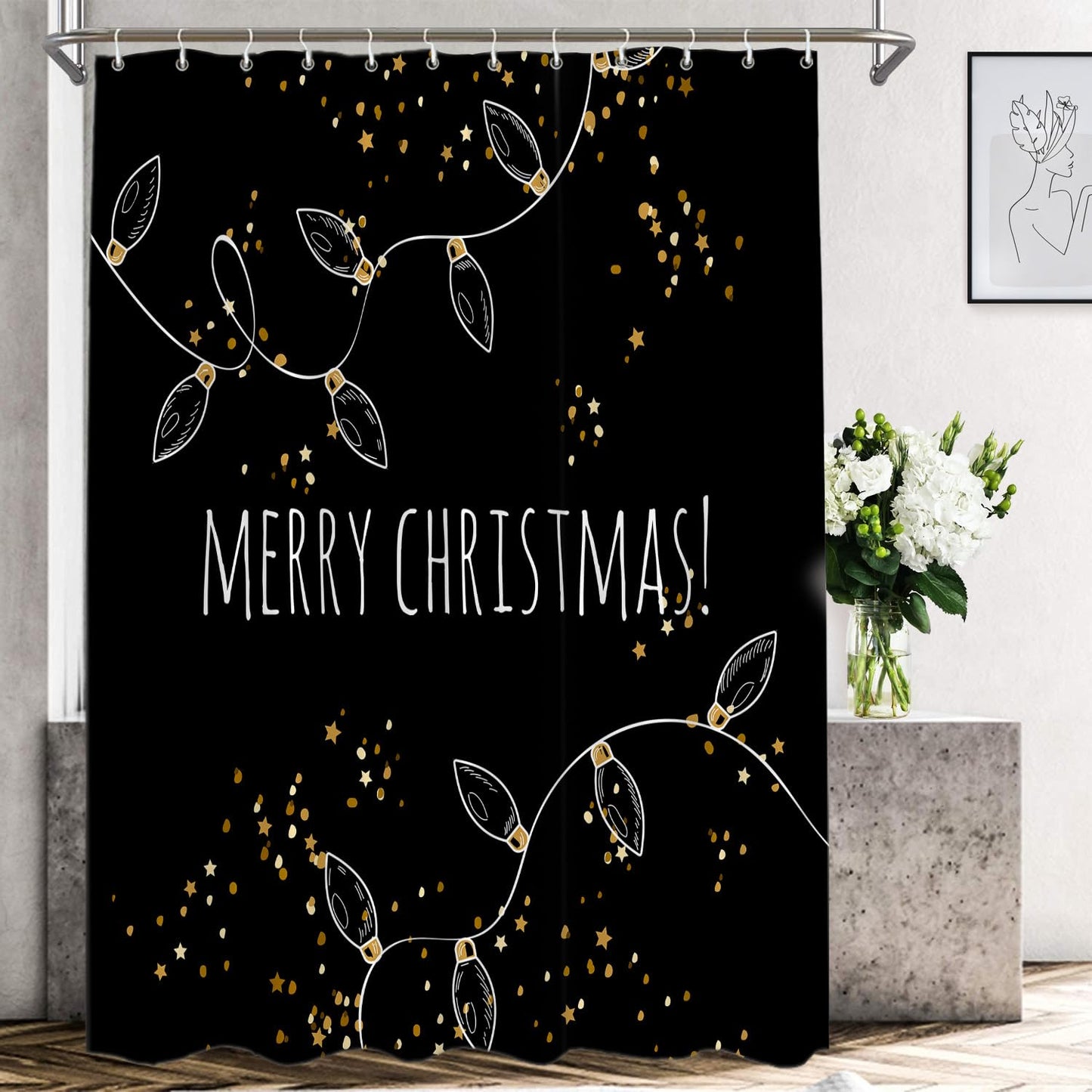 Shrahala Christmas Black Decorative Shower Curtain - Green Gold Stars for Bathroom Decor, Waterproof With Grommets, 72x72 Inch