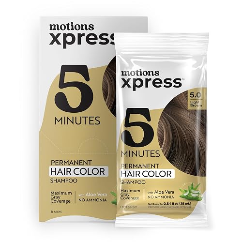 Motions Xpress Permanent Hair Color Shampoo Light Brown - 5 Minute Color, Gray Coverage, Ammonia Free, Deep Shine Hair Dye Shampoo, 0.84 Oz