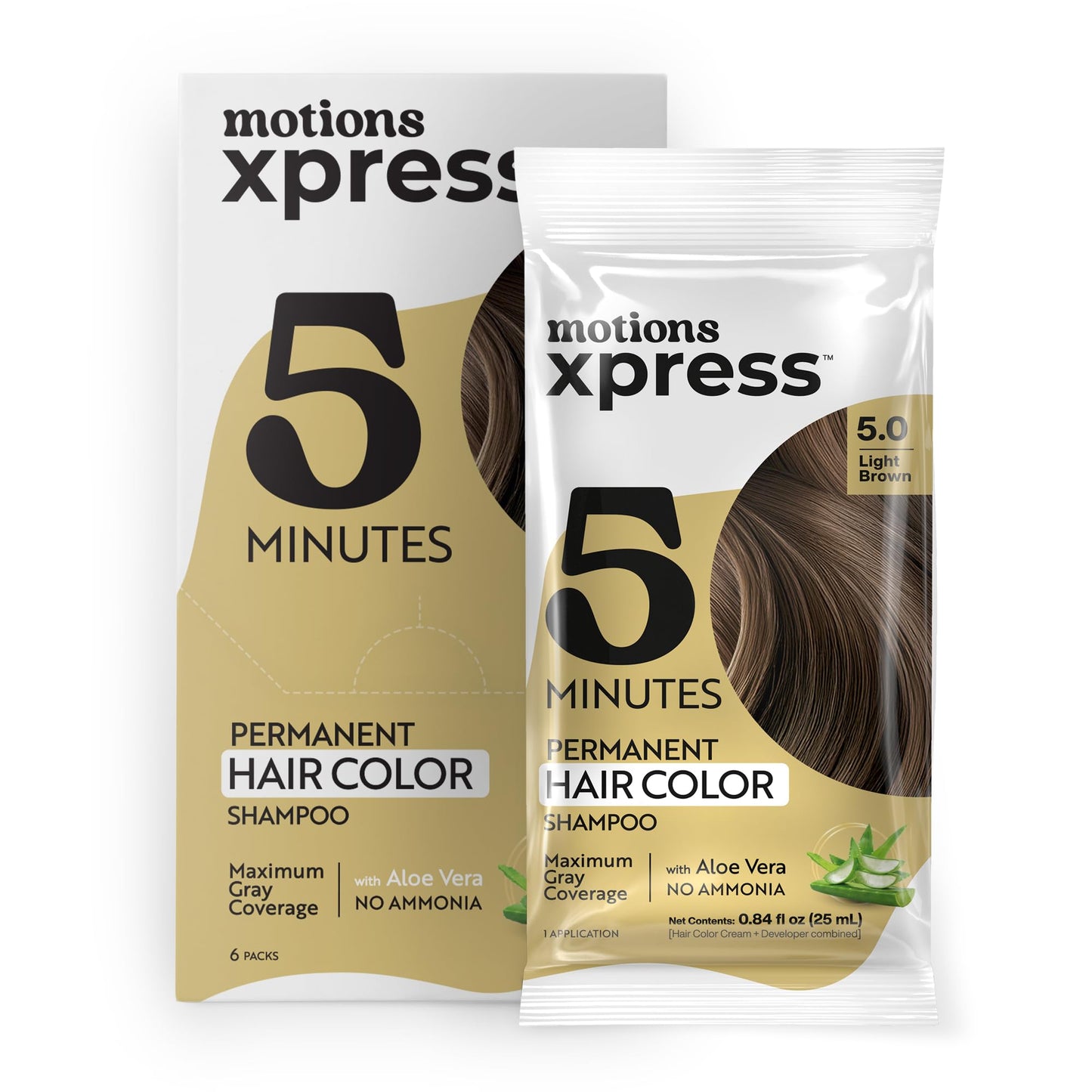 Motions Xpress Permanent Hair Color Shampoo Light Brown - 5 Minute Color, Gray Coverage, Ammonia Free, Deep Shine Hair Dye Shampoo, 0.84 Oz