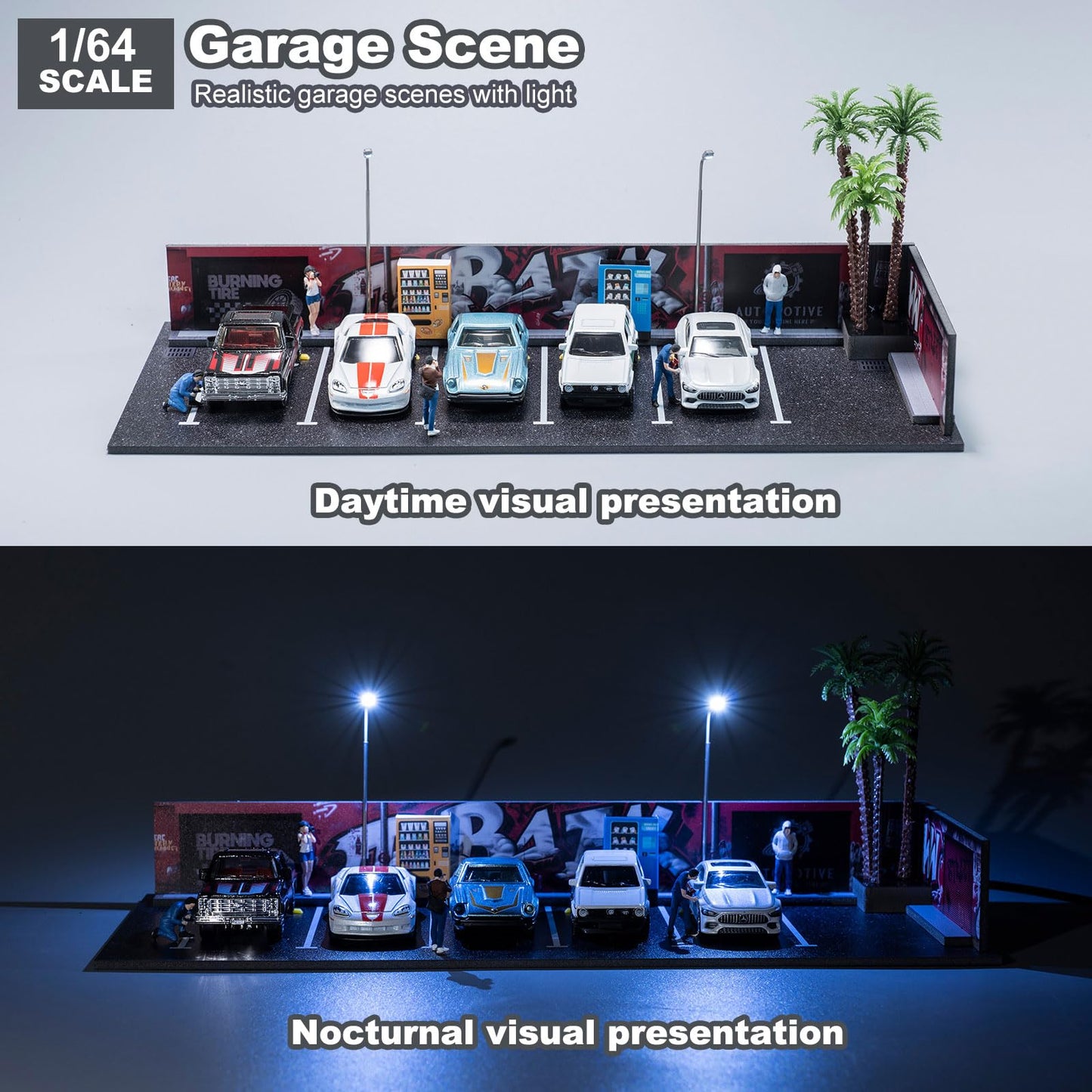 1/64 Diorama Garage, Garage and Display Case for Model Car, Scenic Diorama Display Car Park with 2 LED Street Lamps and 5 Outdoor Parking Spaces