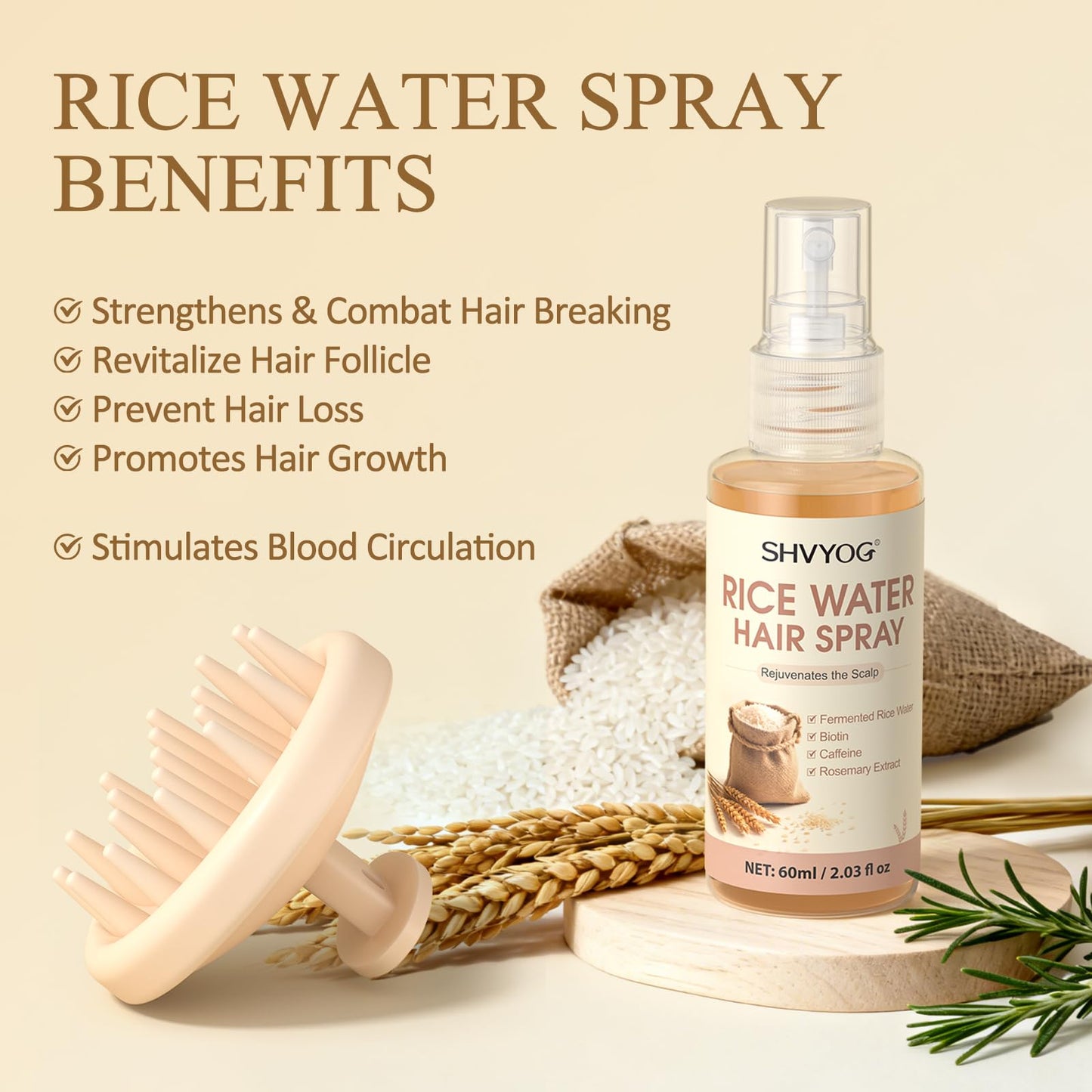 Rice Water Shampoo and Conditioner Set with Hair Growth Spray & Scalp Massager Brush, Enriched with Biotin & Caffeine, 4-in-1 Rice Water Hair Growth
