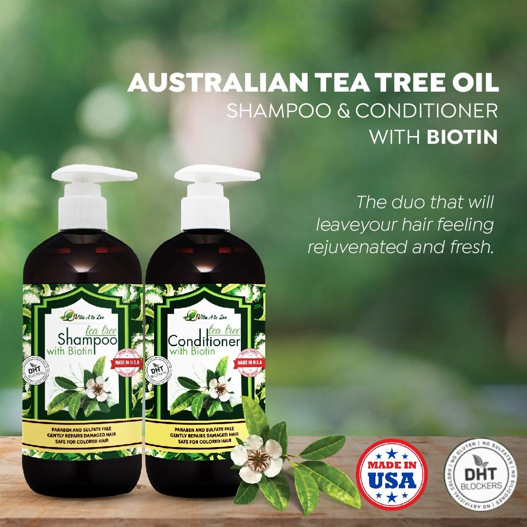 Tea Tree Oil & Biotin Shampoo & Conditioner Set for Men & Women | Professional Strength Formula | Refreshes & Stimulates Hair & Scalp | Moisturizing