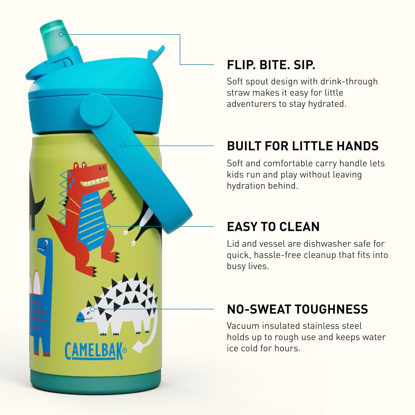 CamelBak Thrive Flip Straw Kids Bite Valve Stainless Steel Water Bottle Dino Jam, 12oz