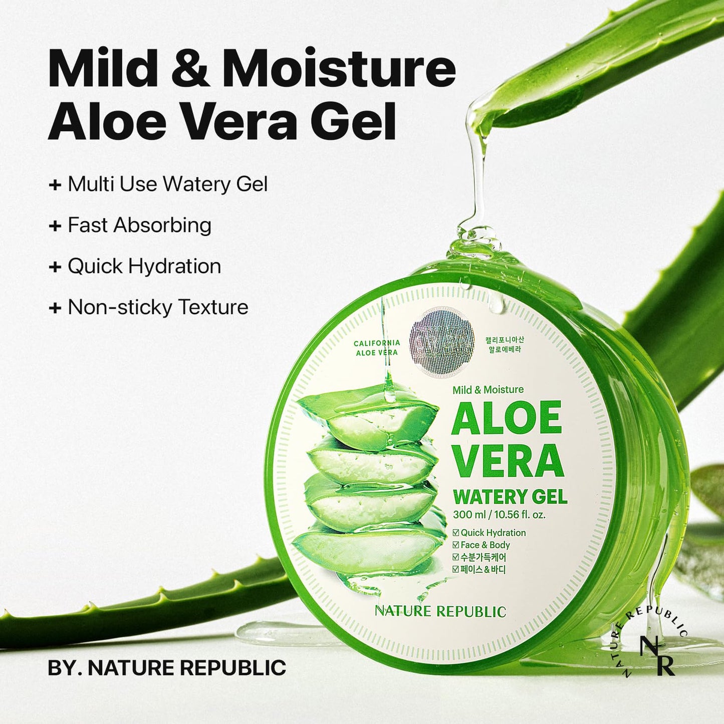 Nature Republic MILD & MOISTURE ALOE VERA WATERY GEL (1 PCS) Quick Hydration & Moisturizing,fast absorbing non-sticky texture,korean skin care