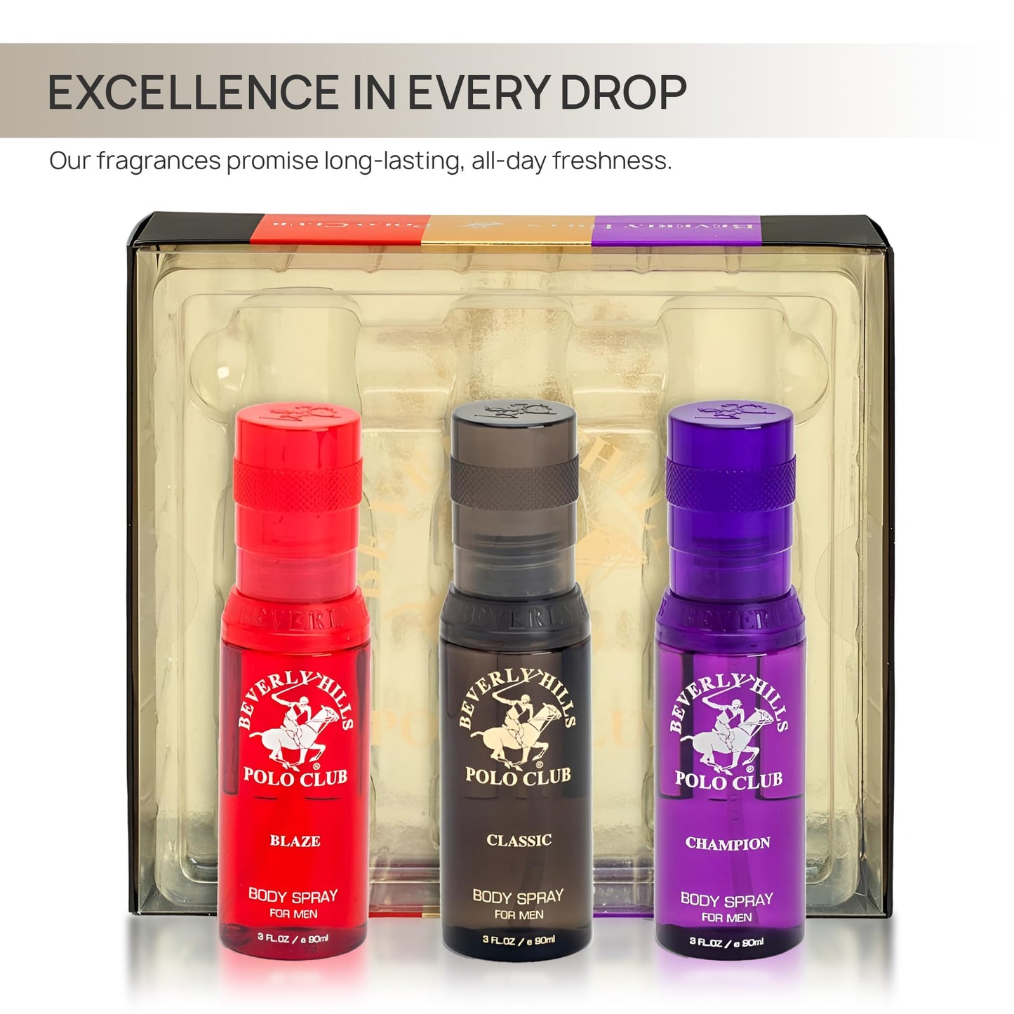 Beverly Hills Polo Club Men's Luxury Body Spray Gift Set - 3 x 3oz Designer Cologne Scents for Dynamic Freshness, Confidence & Active Lifestyles |