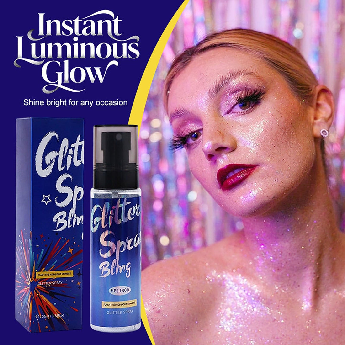 Long-Lasting Body Glitter Spray, Hair and Body Glitter for Women, Quick-Drying Shimmer Mist for Face Hair Clothes, Holographic Sparkle Spray