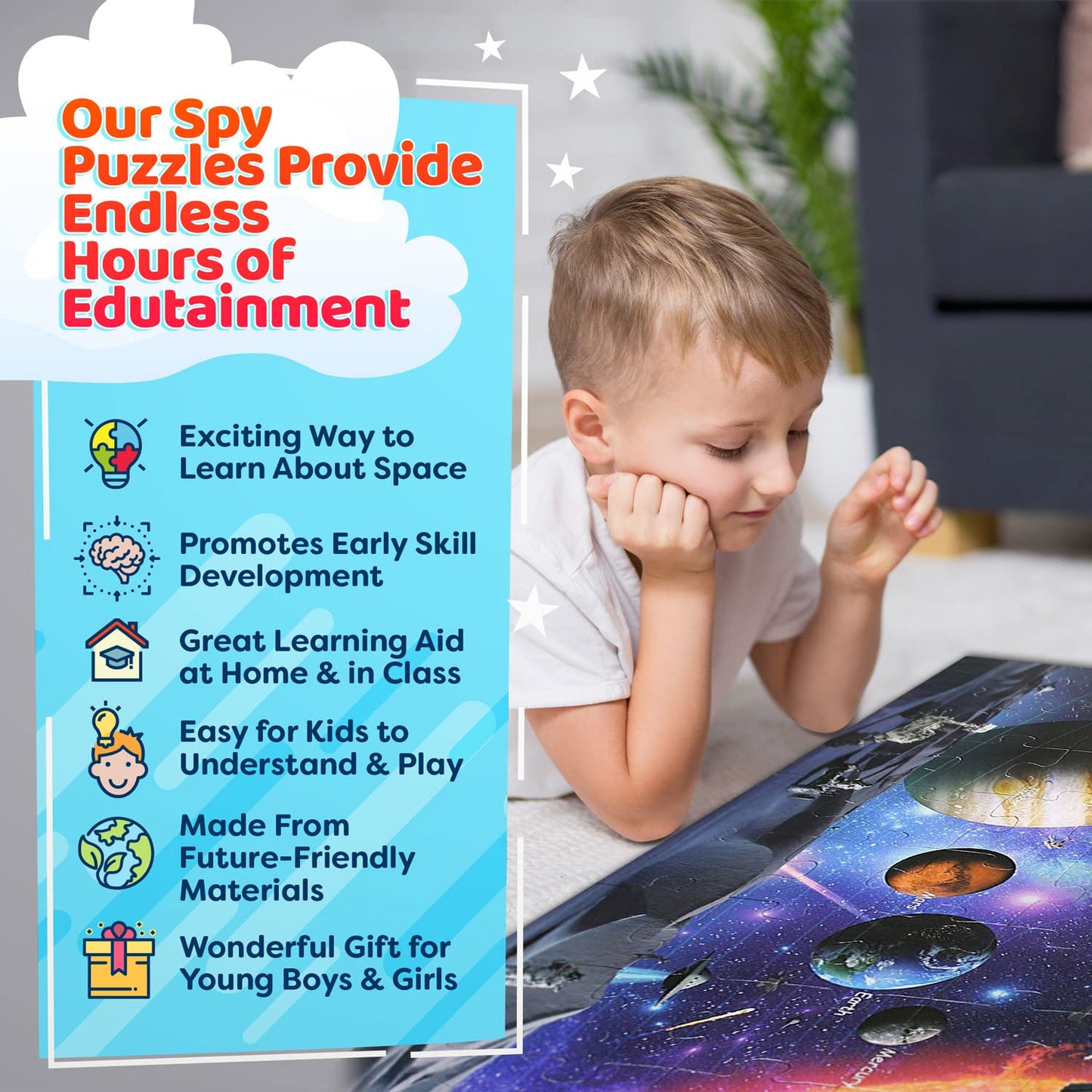 Solar System Spy Puzzle – 48 Piece Space Floor Puzzle with Flashcards & Magnifying Glass, 2ft x 3ft Educational Puzzle for Kids Ages 4-8