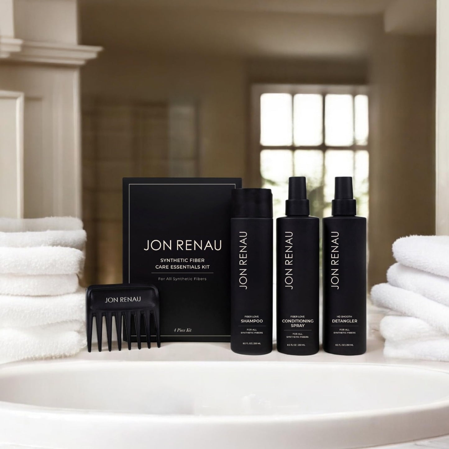 Jon Renau Synthetic Fiber Care Kit, Shampoo and Leave In Conditioner for Synthetic Wigs and Hair Extensions, Detangler Spray with Wide Tooth Comb, 4
