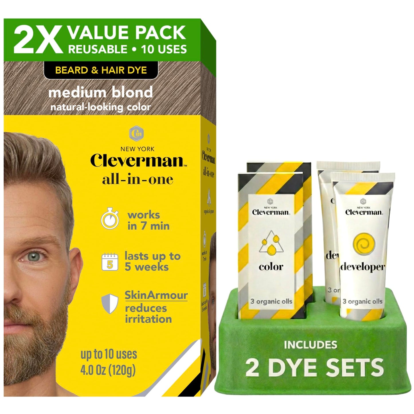 2X Reusable Hair & Beard Dye for Men - Medium Blond 8.01 | Up to 10 Uses, 7 Minutes | Natural Gray Coverage, No-Drip Cream with SkinArmour®