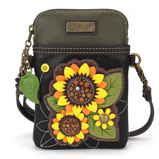 CHALA Plant Life Collection Cell Phone Crossbody Purse-Women PU Leather/Canvas Multicolor Handbag with Adjustable Strap - Sunflower Group - black