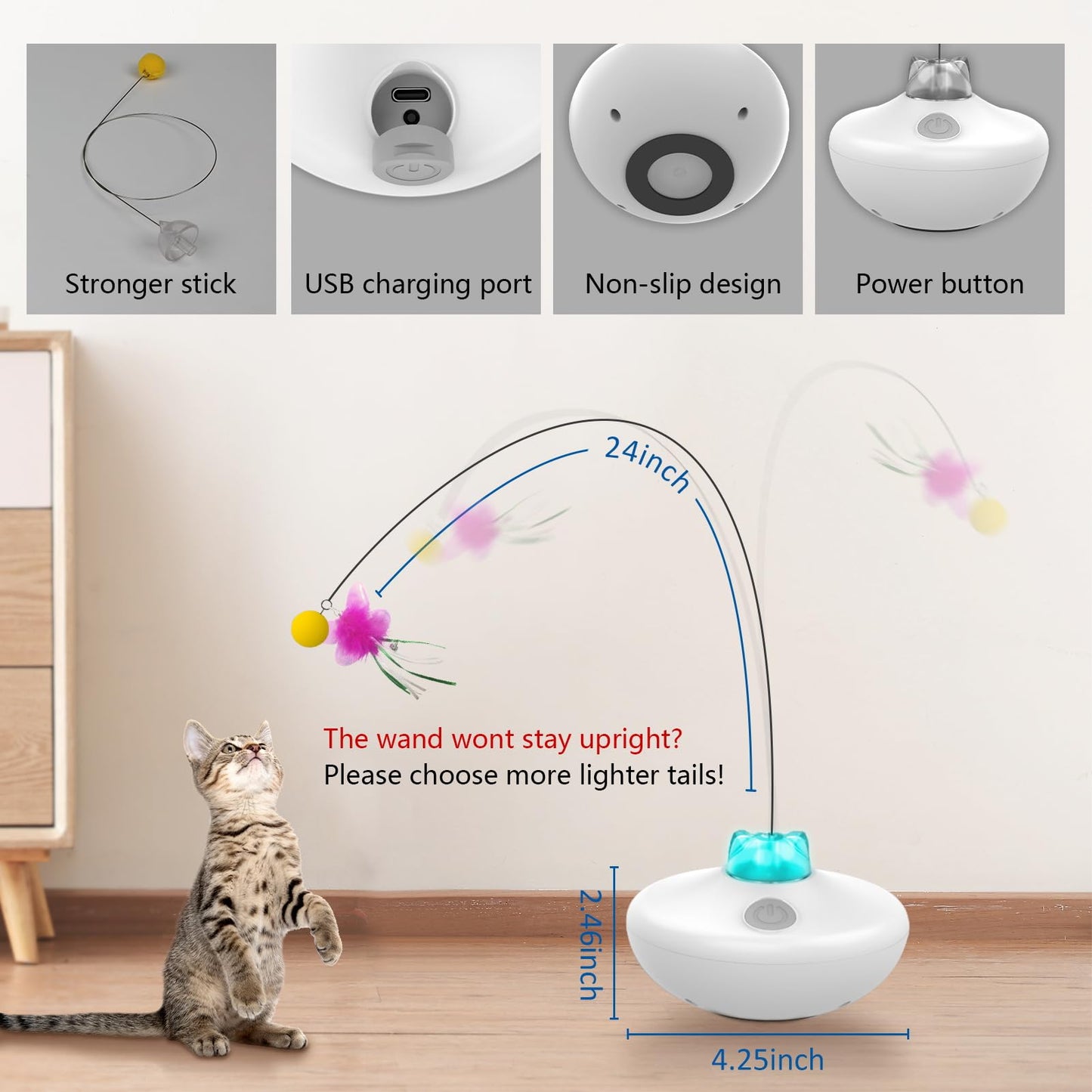 Oxawo Interactive Rechargeable Cat Toy – Tumbler with Spinning Butterfly & Extra-Long Feather Wand for Indoor Kitty Exercise (P33)