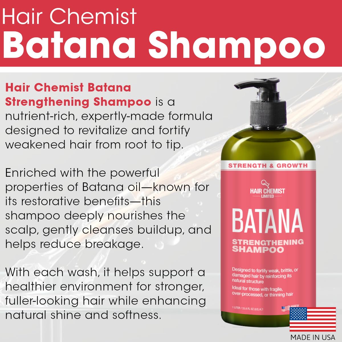 Hair Chemist Batana Strengthening Shampoo & Conditioner 33.8 oz. (2-PC SET) - Batana Shampoo and Conditioner for Hair Growth, Thickening and Strength