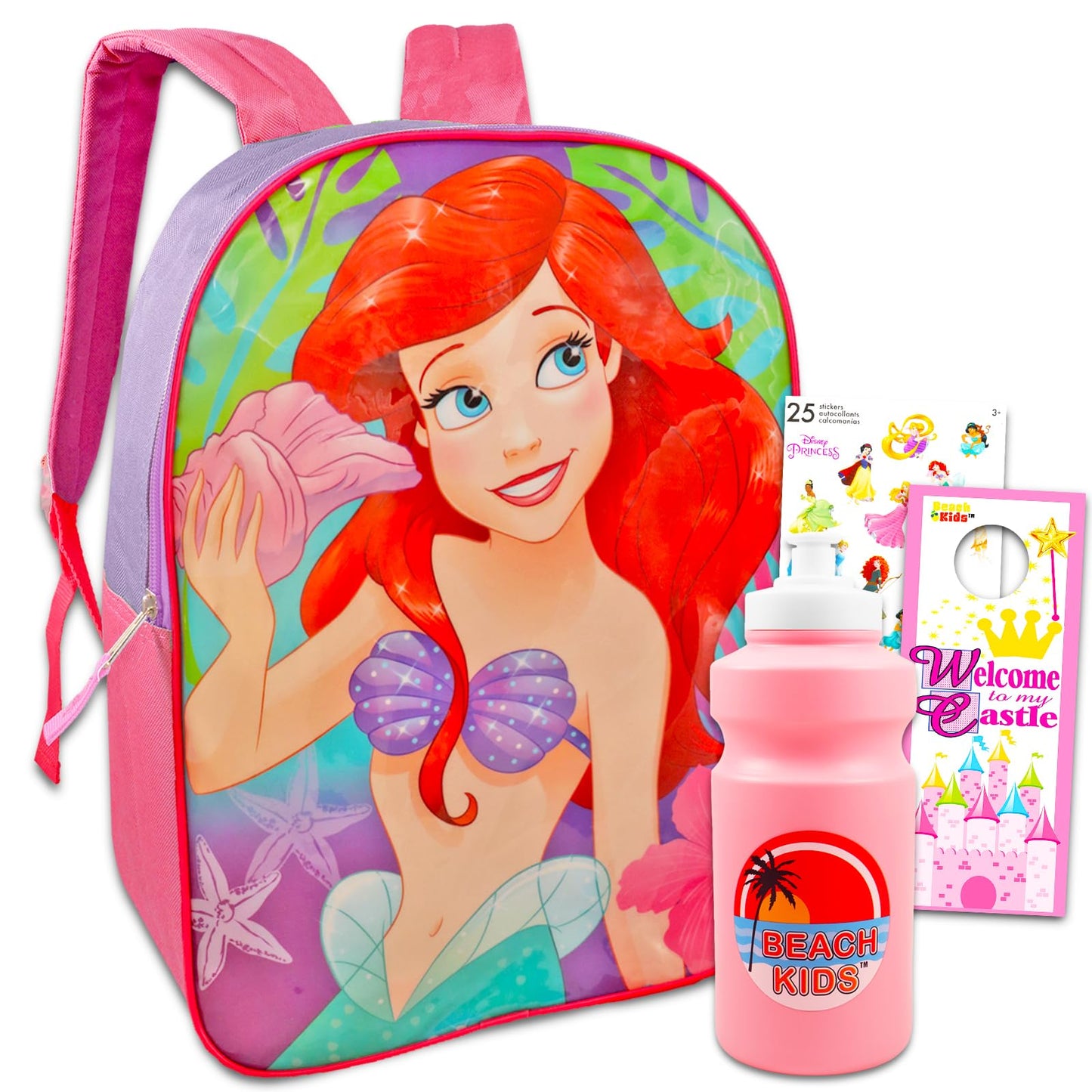 The Little Mermaid Backpack for Kids Set - Bundle with 15" Ariel Backpack, Stickers, Water Pouch, More | Disney The Little Mermaid Backpack for Girls