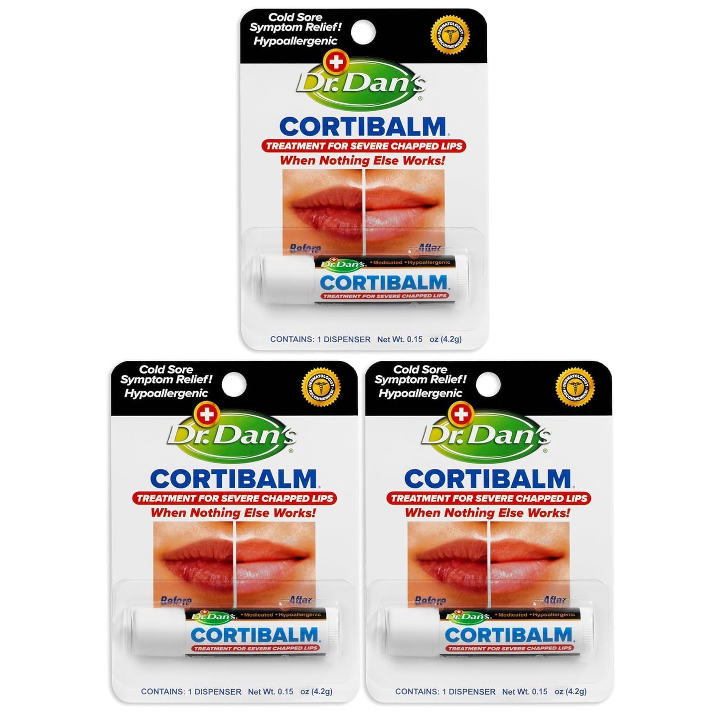 Dr. Dan's Cortibalm-3 Pack- for Dry Cracked Lips. Healing Lip Balm for Severely Chapped Lips - Designed for Men, Women and Children
