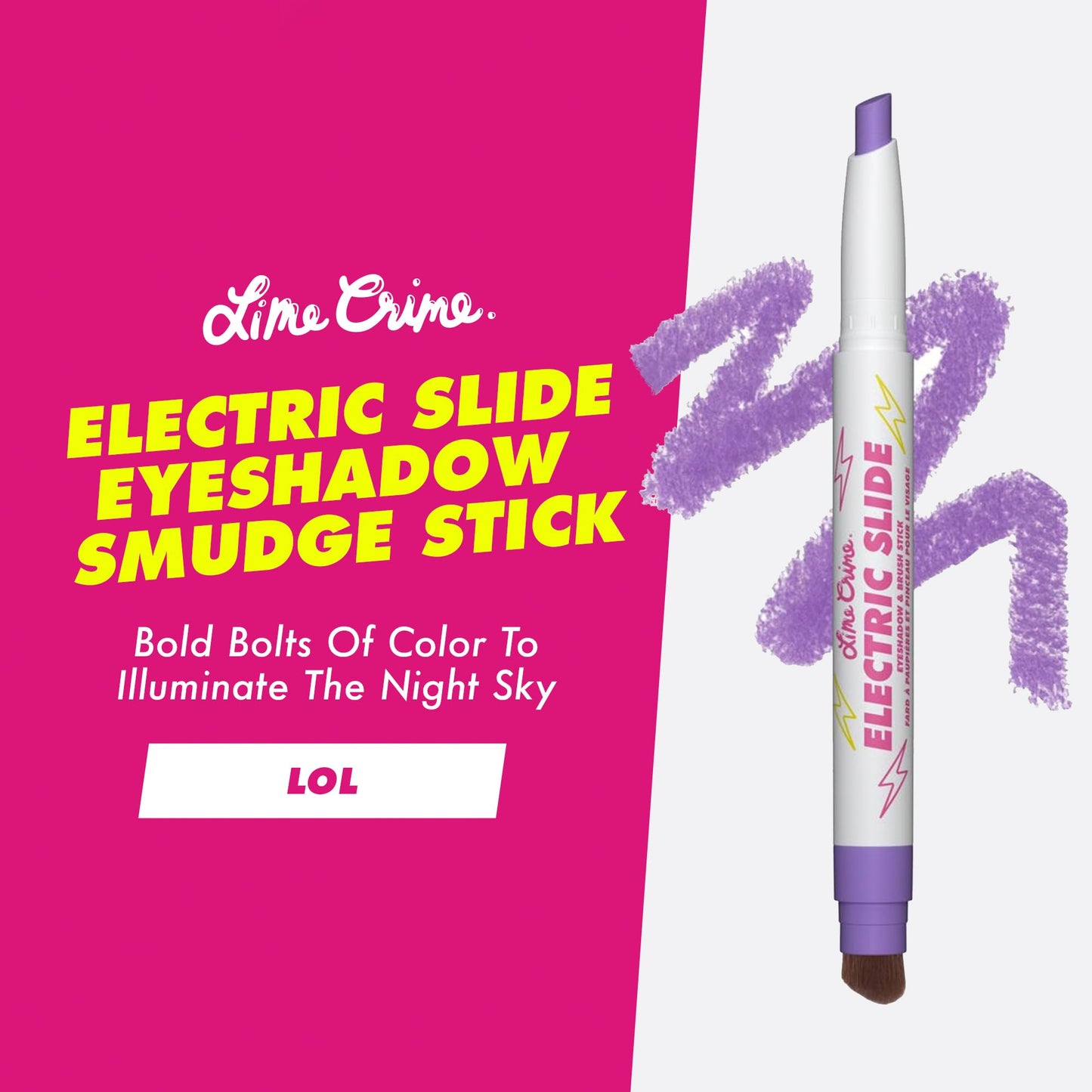 Lime Crime Electric Slide Eyeshadow & Brush Stick, LOL (Metallic Lavender) - Lightweight 2-in-1 Eyeshadow Smudge Stick with Angled Brush for Long