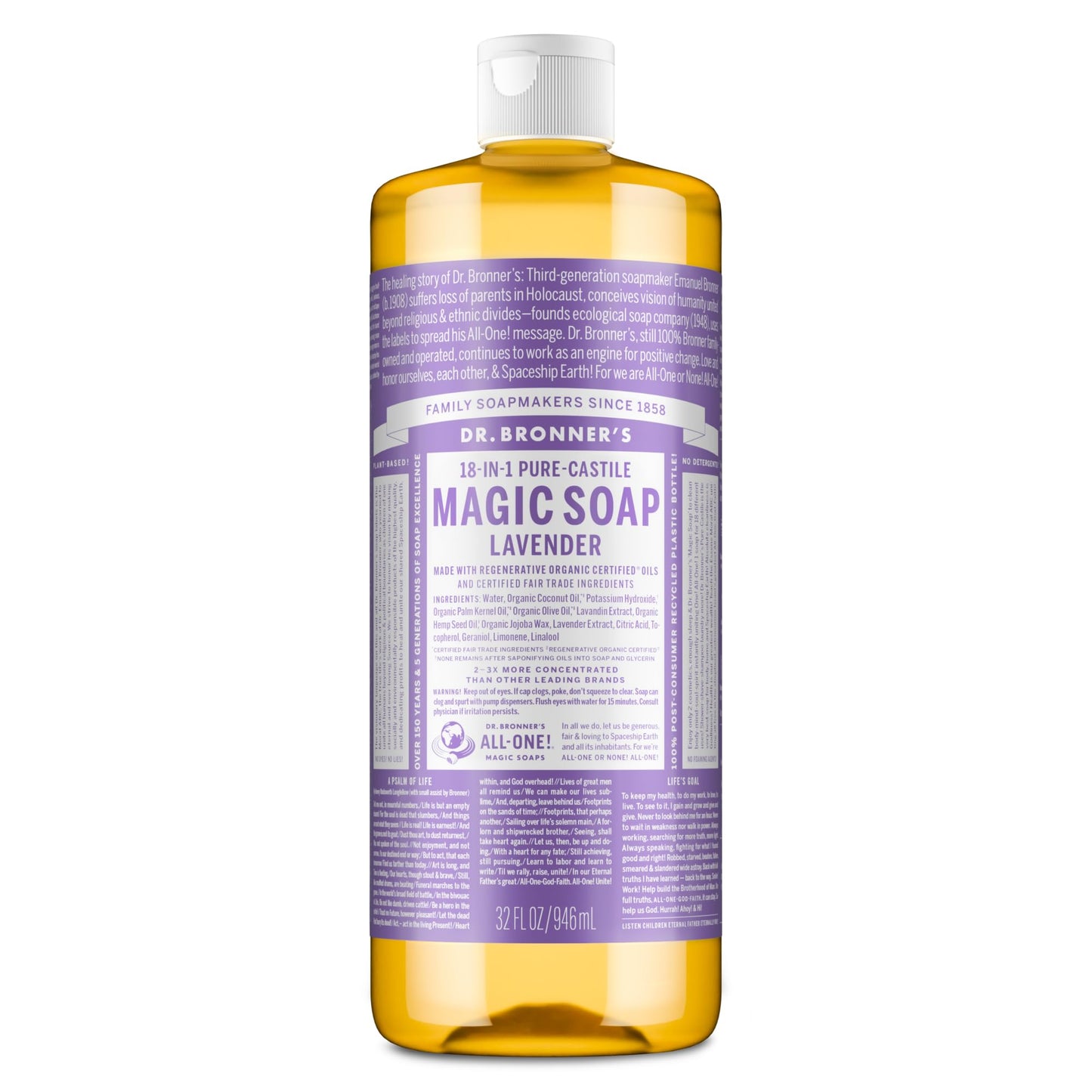 Dr. Bronner's Pure-Castile Liquid Soap, Made with Organic Oils, 18-in-1 Uses: Face, Body, Hair, Laundry, Pets and Dishes, Concentrated, Vegan