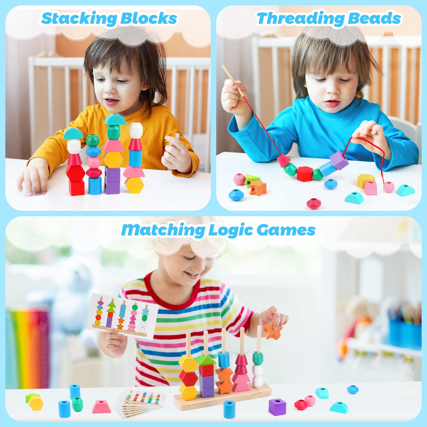 Montessori Wooden Beads Sequencing Toy Set | Stacking, Lacing & Shape Matching Blocks | STEM Learning Gift for Kids & Toddlers Ages 2–5