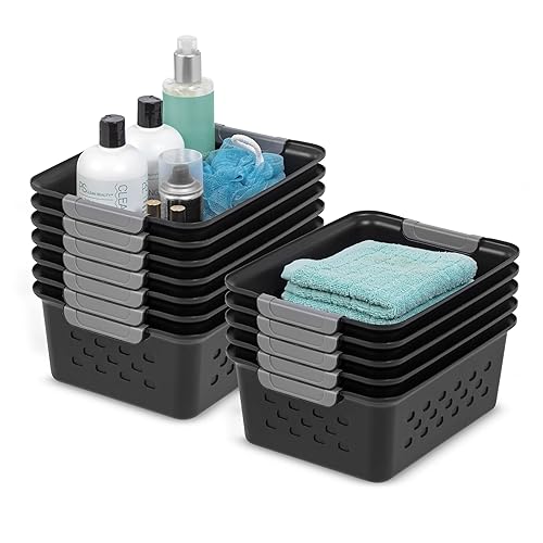 IRIS USA Plastic Storage Baskets, 12-Pack, Made in USA, Shelf Baskets Small Baskets Organizing Bins For Pantry Countertops Closet Shelves Office…