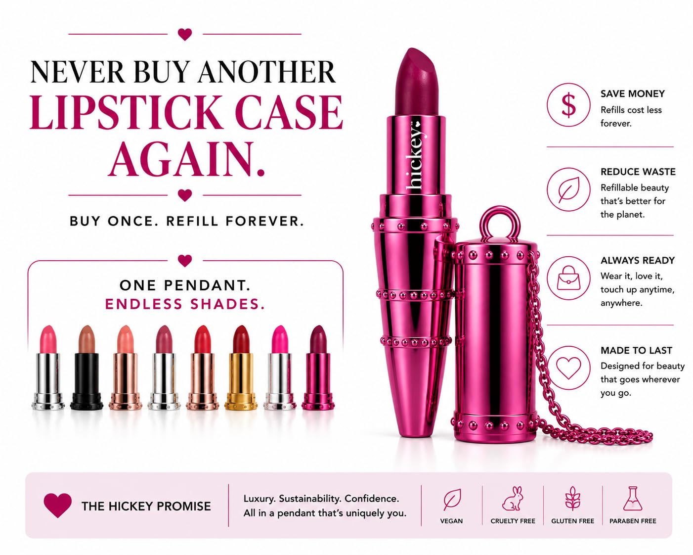 Hickey Refillable Pendant Lipstick, Big Trouble[Berry Wine] - Wearable Satin Lip Color on a Chain, Refillable Clean Beauty, Full Lipstick Included