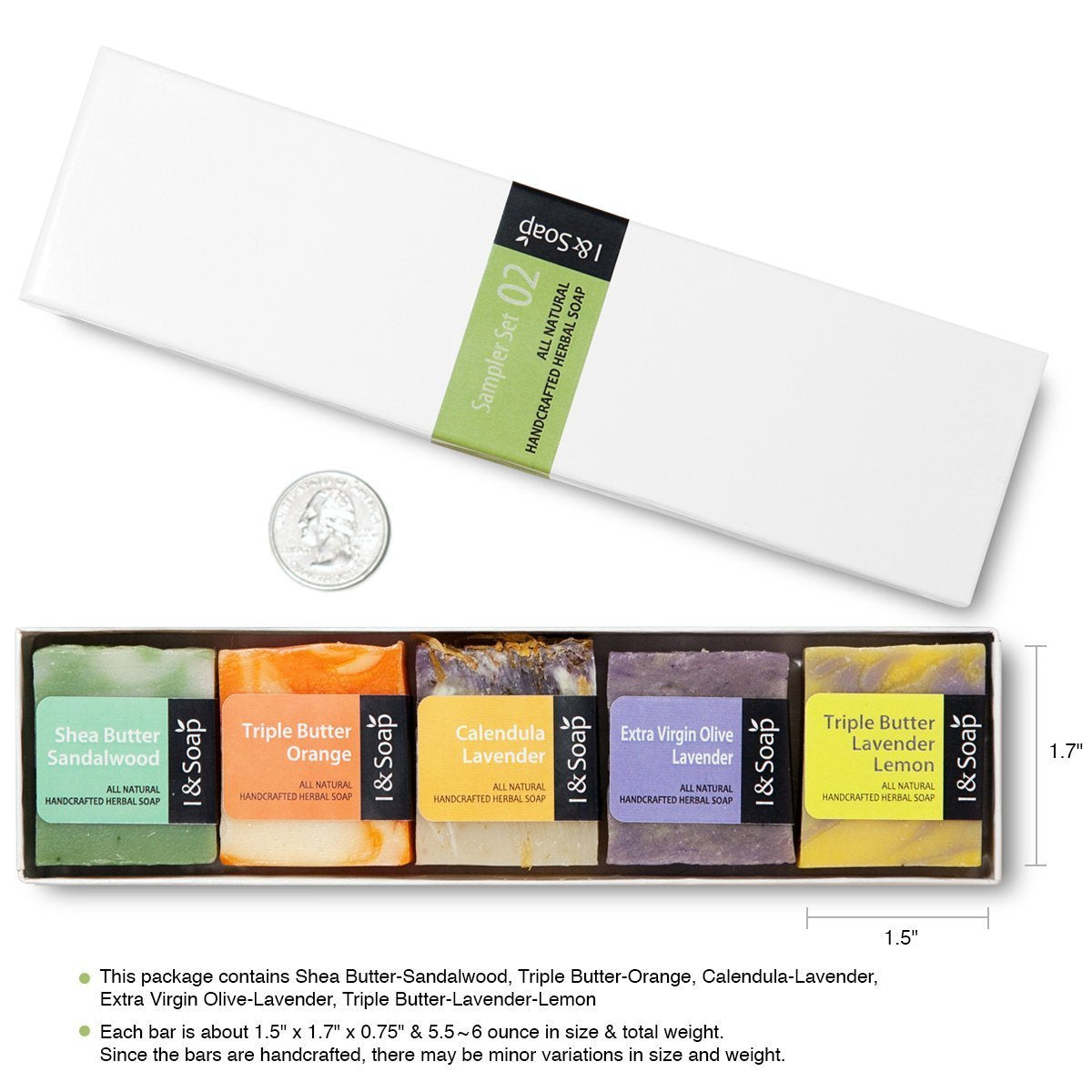 I & SOAP, 5pcs Mini Sampler Set (02) - Guest Soap - Travel Soap - 100% Natural & Organic Materials - Handcrafted Herbal Soap - Gentle and Effective