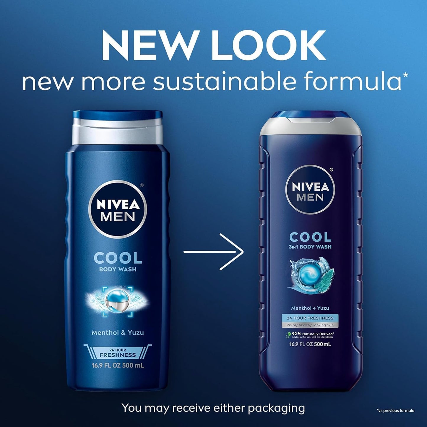 NIVEA FOR MEN Body Wash Cool 16.90 oz (Pack of 8)