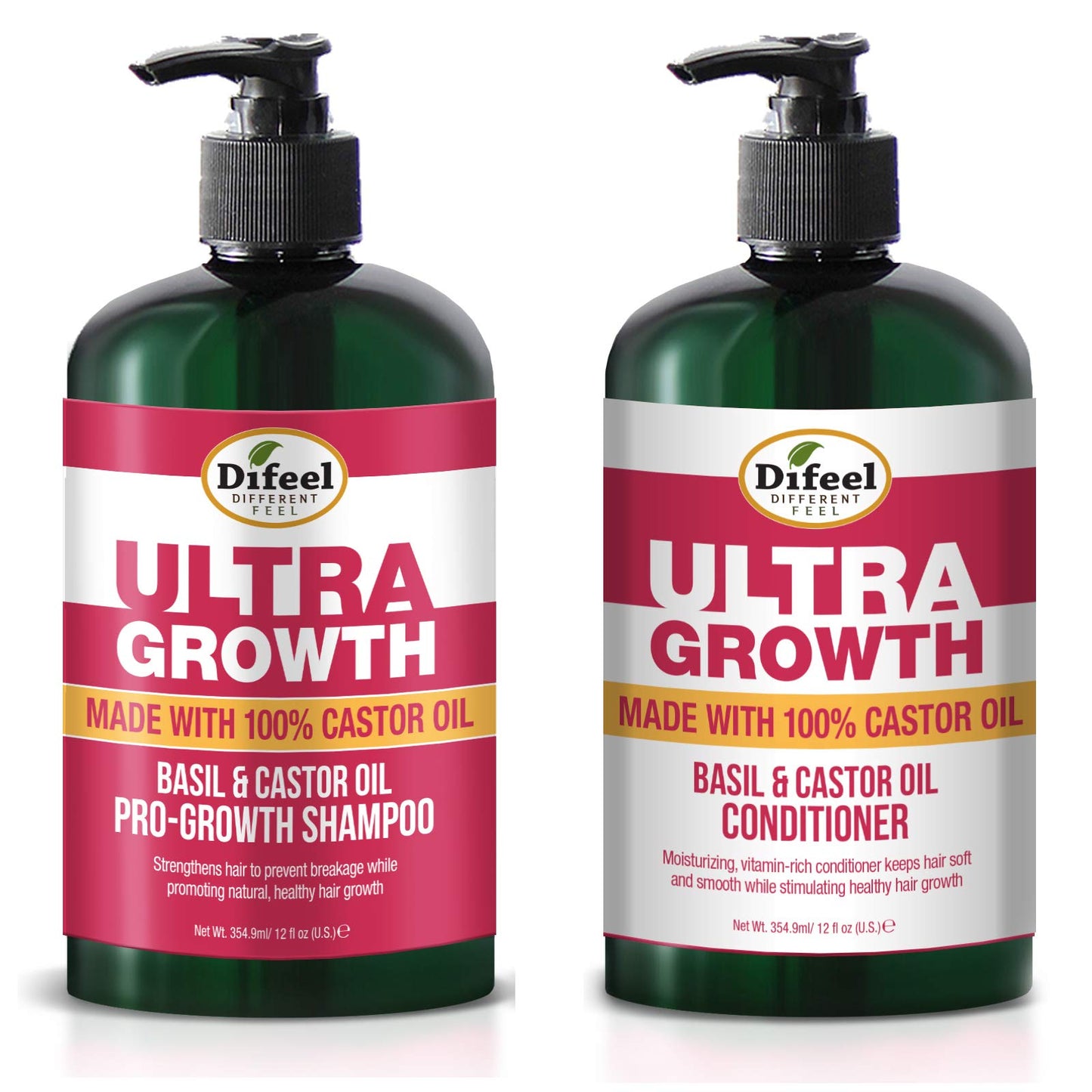 Difeel Ultra Growth Shampoo and Conditioner Set - Includes 12 oz Each of Shampoo and Conditioner, Promotes Growth, Ideal for Thinning Hair, Basil