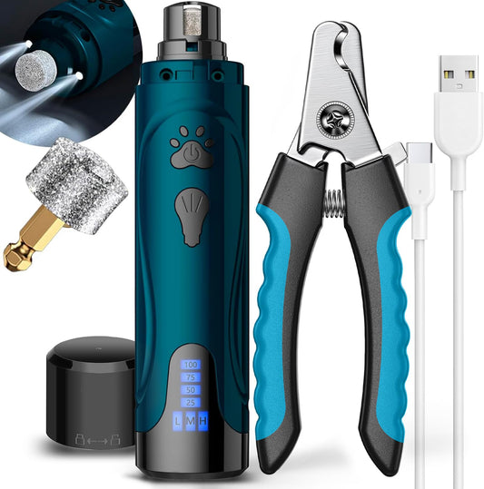 Dog Nail Trimmers and Dog Nail Clippers Kit, Whisper Quiet Electric Grinder with Light, for Small, Medium, Large Dogs, Cats Toenail Grooming, 3 Speed