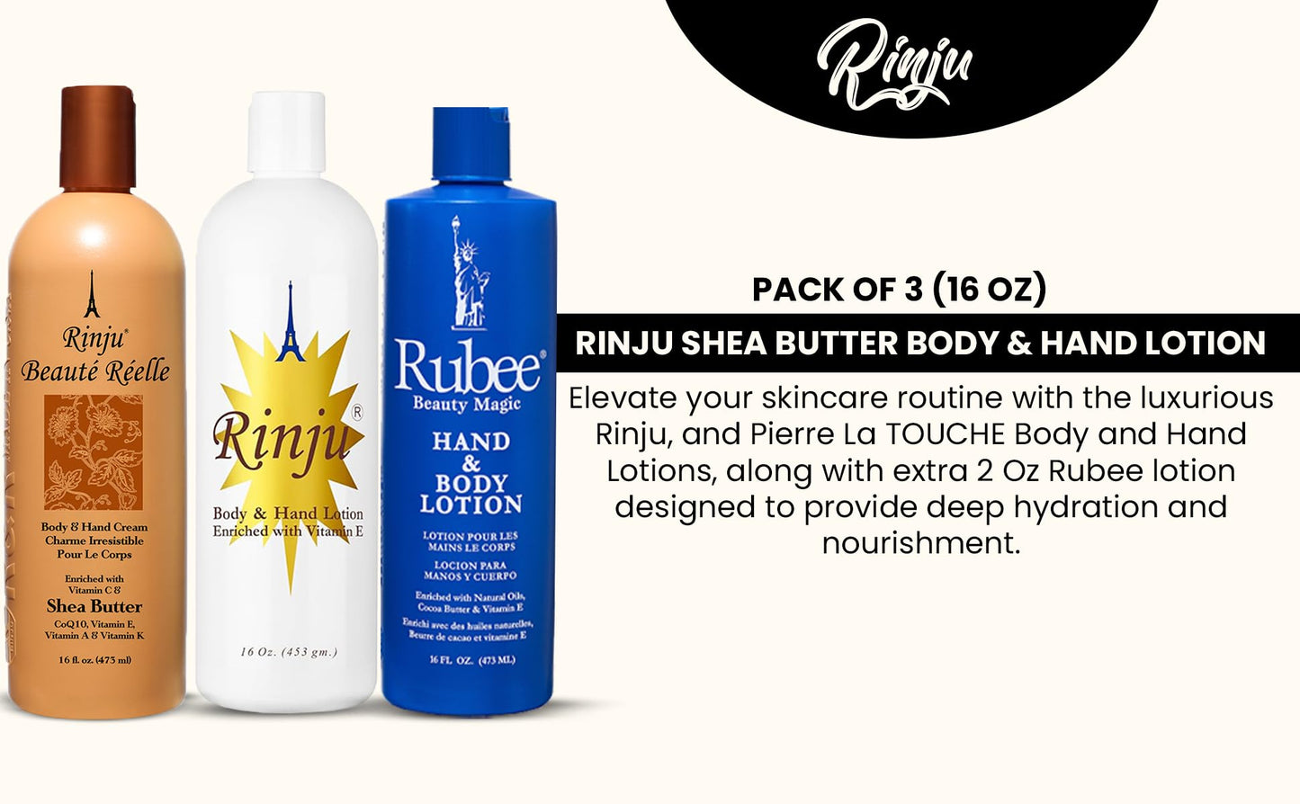 Rinju Body & Hand Lotion - Pack of 3 Non-Greasy Lotion for Women & Men - 16oz - Rubee Cacao Butter Lotion for Extremely Dry Skin - Vitamin E