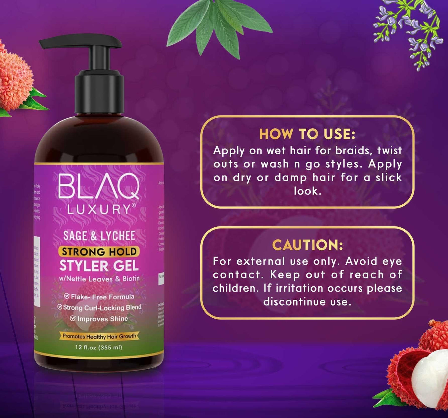 Blaq Luxury Sage & Lychee Strong Hold Styler Gel - Non-Alcoholic and Non-Flaky Formula for All-Day Hold - Biotin Infused - Promotes Hair Repair