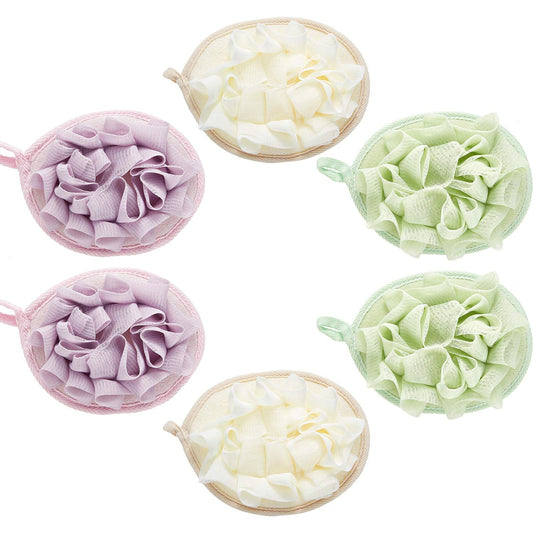 Boao 6 Pcs Bath Shower Pouf Sponge Mesh Pouf Shower Ball Exfoliating Body Sponge Pad Scrubber Glove with Flower Bath Ball (Beige,Green,Purple) Beauty & Personal Care Boao