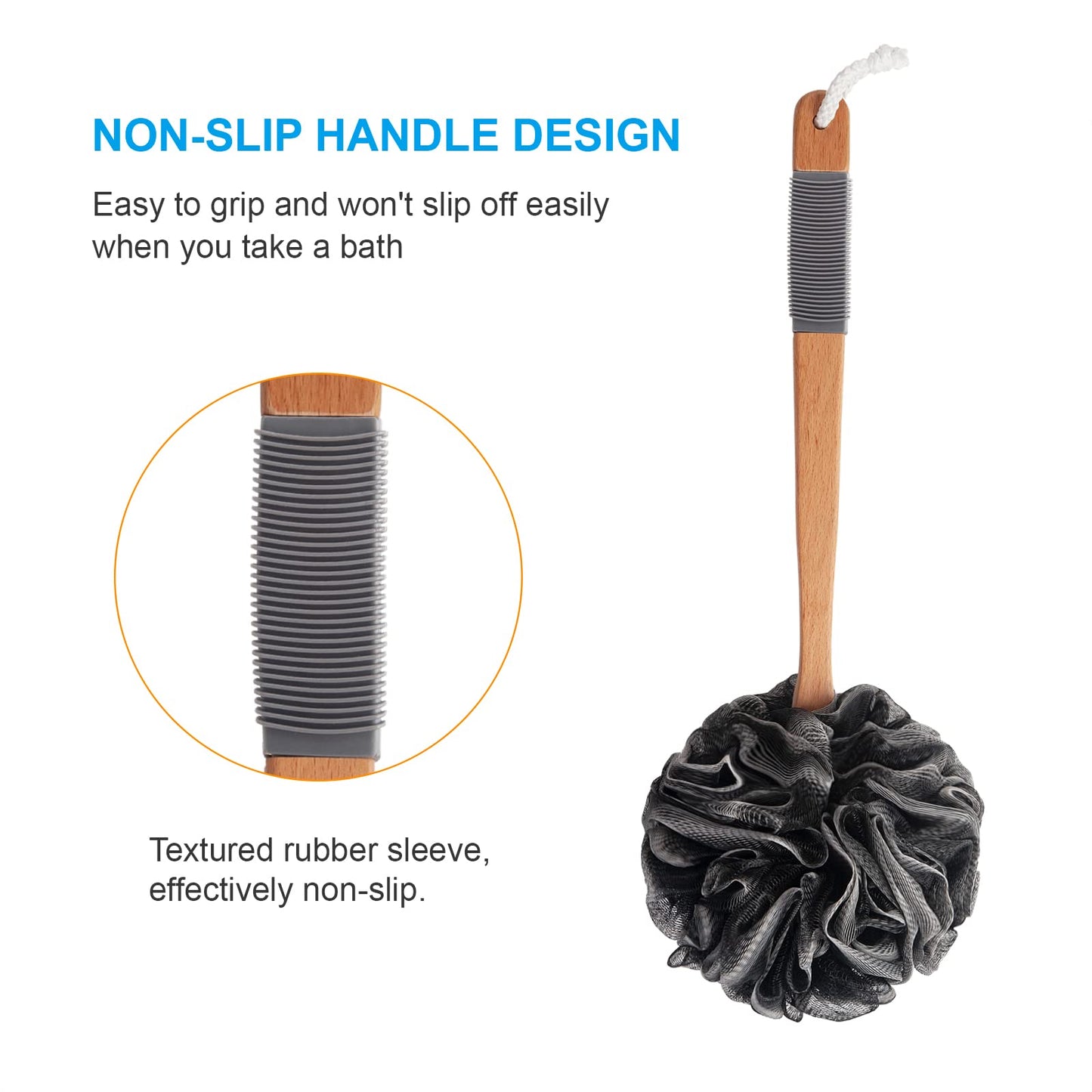 AmazerBath Shower Sponge Loofah Back Scrubber, PE Soft Mesh Loofah Body Scrubber with Long Wooden Handle, Bath Sponge for Men Women (Black) Beauty and Personal Care AmazerBath