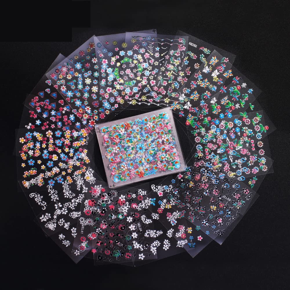 WOKOTO 90Pcs Self-Adhesive 3D Design Nail Art Sticker Colorful White Black Flower Fingernail Decals Nail Art Decoration Decals with 1 Pcs Anti-Static