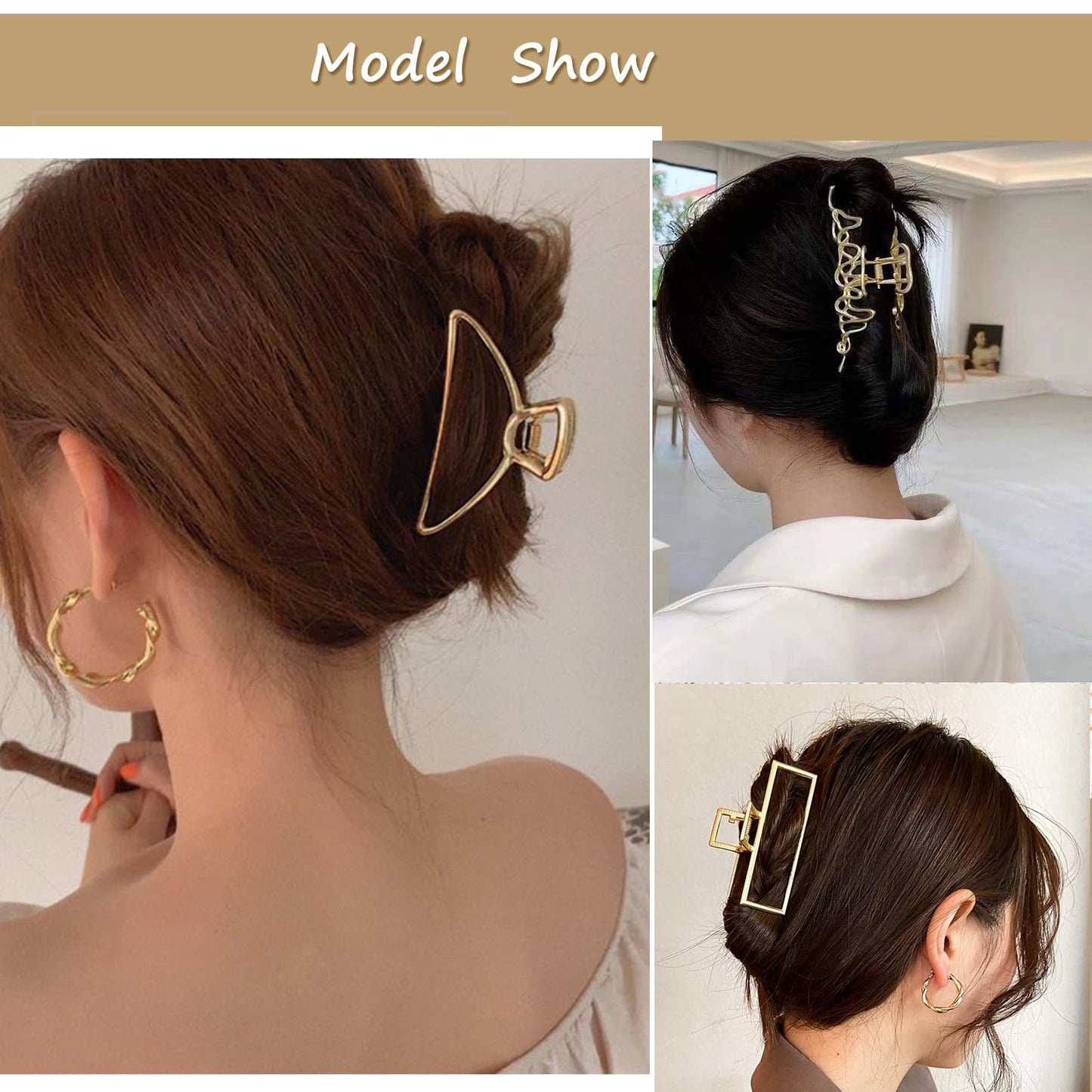 Mehayi 3 PCS Large Gold Metal Hair Claw Clips for Women Girls, Cute Alloy Big Hair Clamps Strong Hold for Thick Thin Hair, Fashion Hair Accessories
