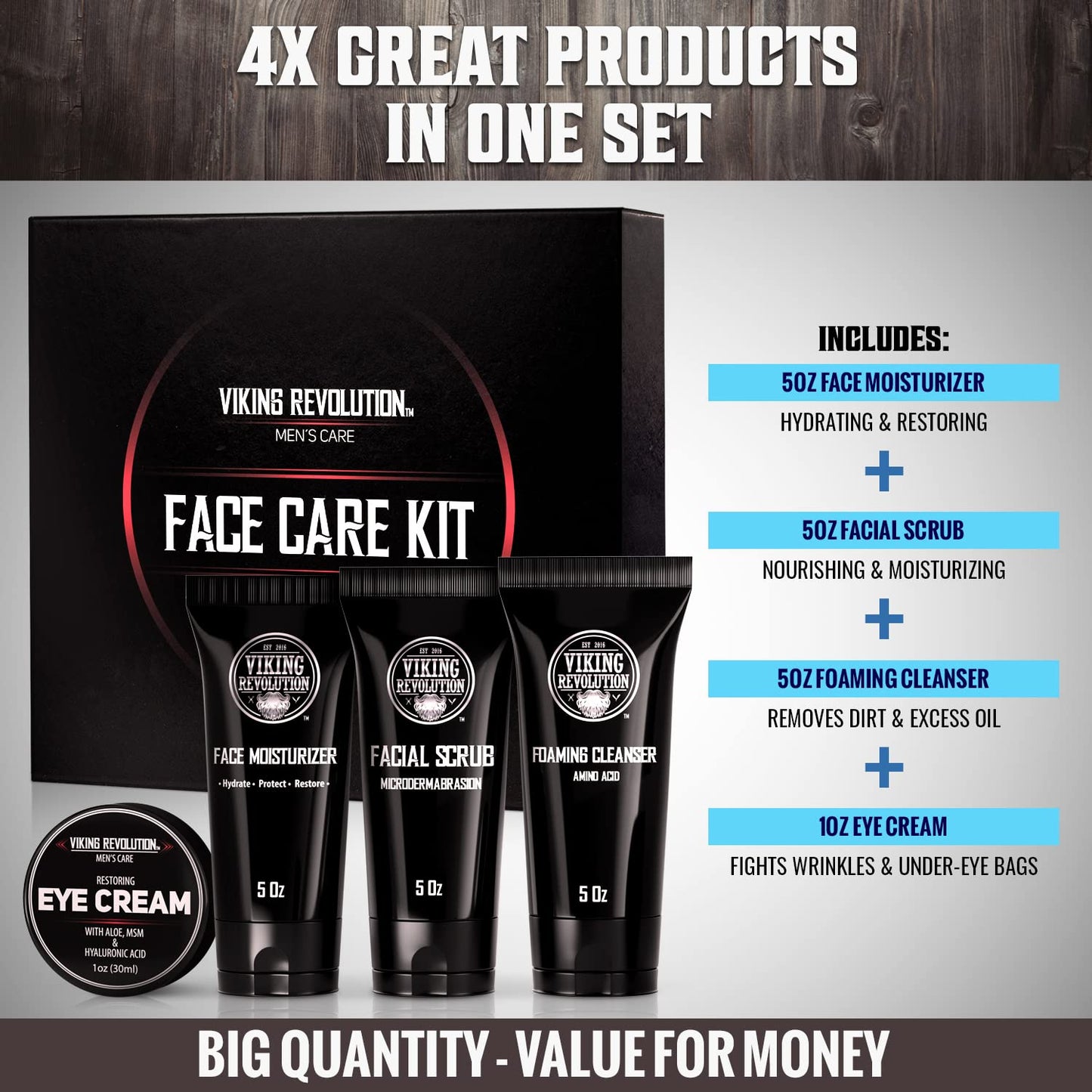 Viking Revolution Men's Facial Skin Care Kit - Includes Rejuvenating Face Moisturizer, Microdermabrasion Facial Scrub, Foaming Cleanser (5oz Each)