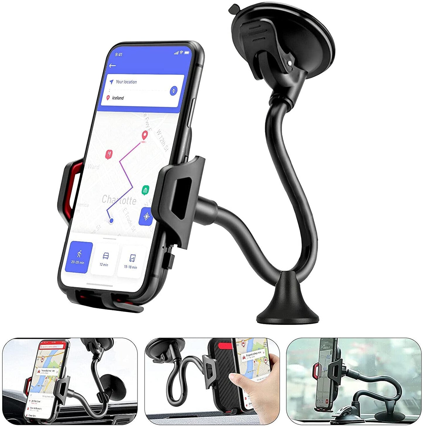LEEMASING 360 Degree Car Dash Windshield Mount Cradle Holder Stand Gooseneck Long Arm Strong Suction Compatible with iPhone 12 11 Pro XS Max SE 8…