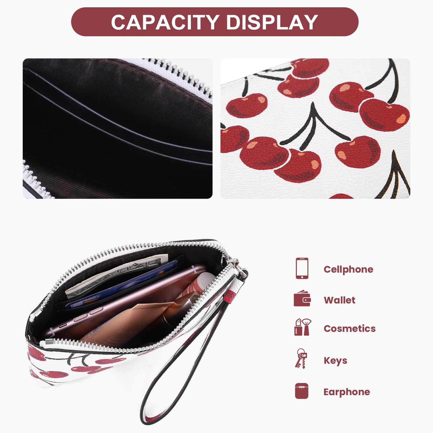 CATSEA Small Wristlet Purse Cherry Wristlet Wallet For Women Trendy Pu Leather Clutch Designer Evening Purse