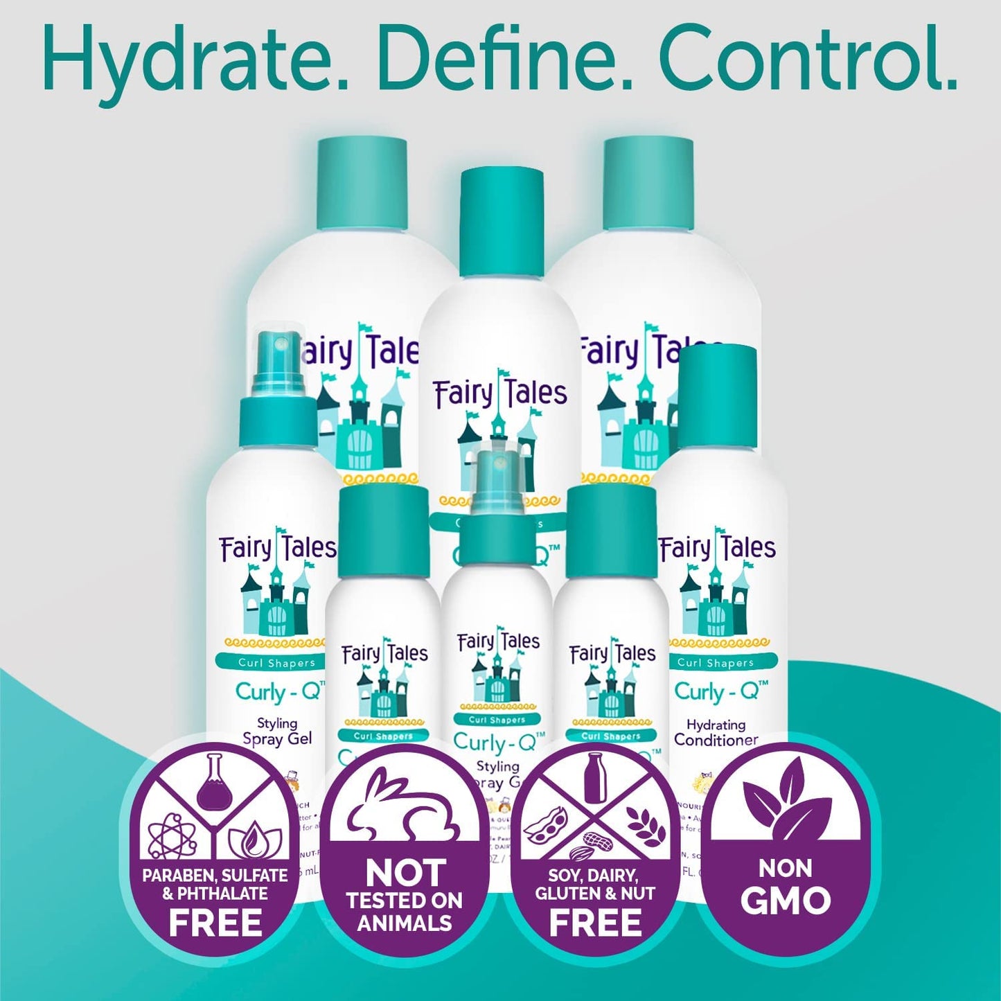 Fairy Tales Curly Q Hydrating Kids Shampoo 12oz, Conditioner 8oz, Styling Spray Gel 8oz & Refresher Spray 8oz - Paraben, Sulfate, Gluten & Nut Free