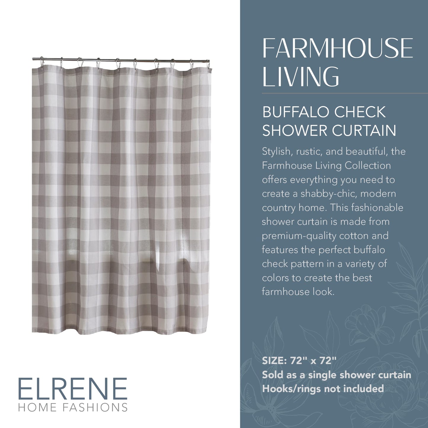 Elrene Home Fashions Farmhouse Living Buffalo-Check Shower Curtain, 72" x 72", Gray/White