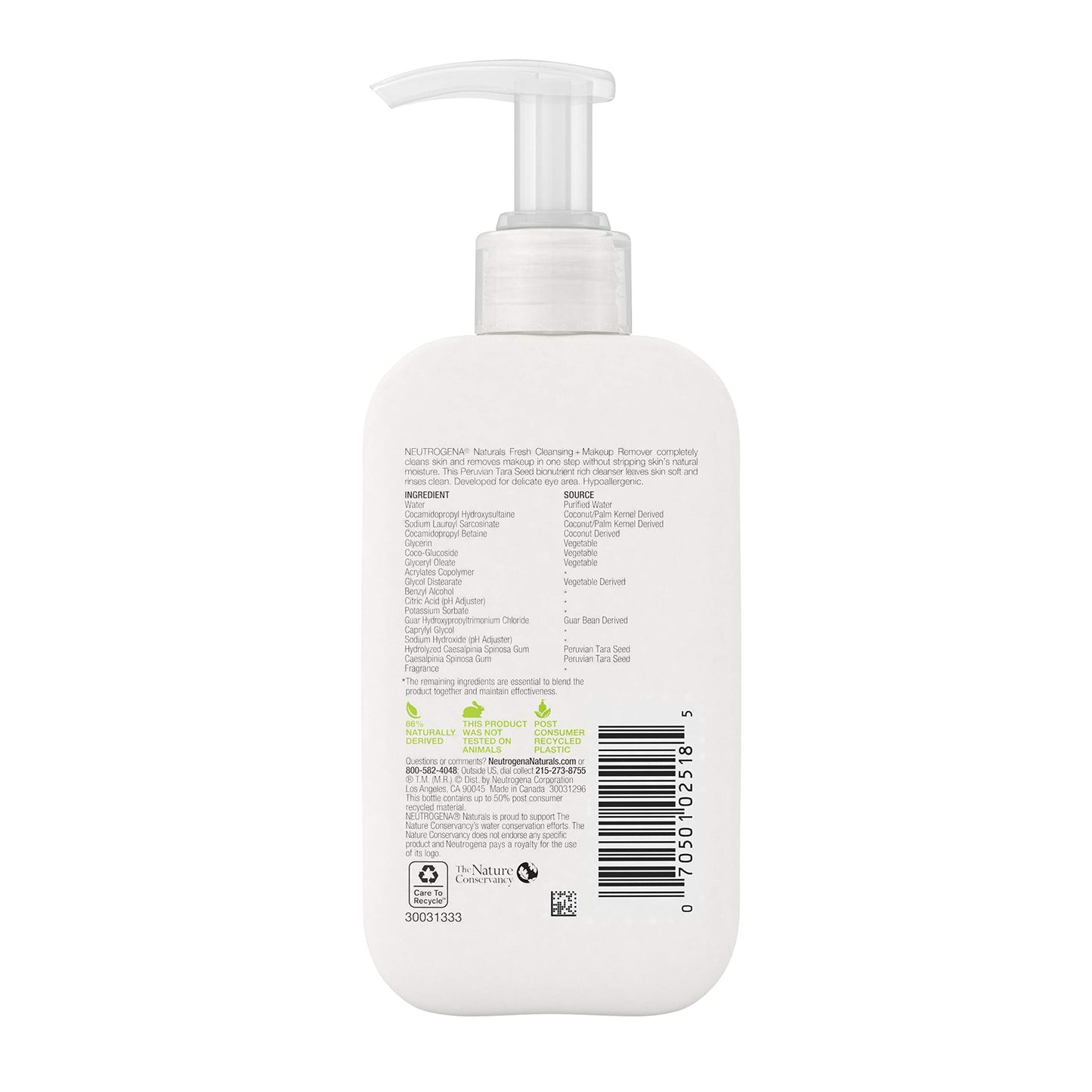 Neutrogena Naturals Fresh Cleansing Daily Face Wash + Makeup Remover with Naturally-Derived Peruvian Tara Seed, Hypoallergenic, Non-Comedogenic
