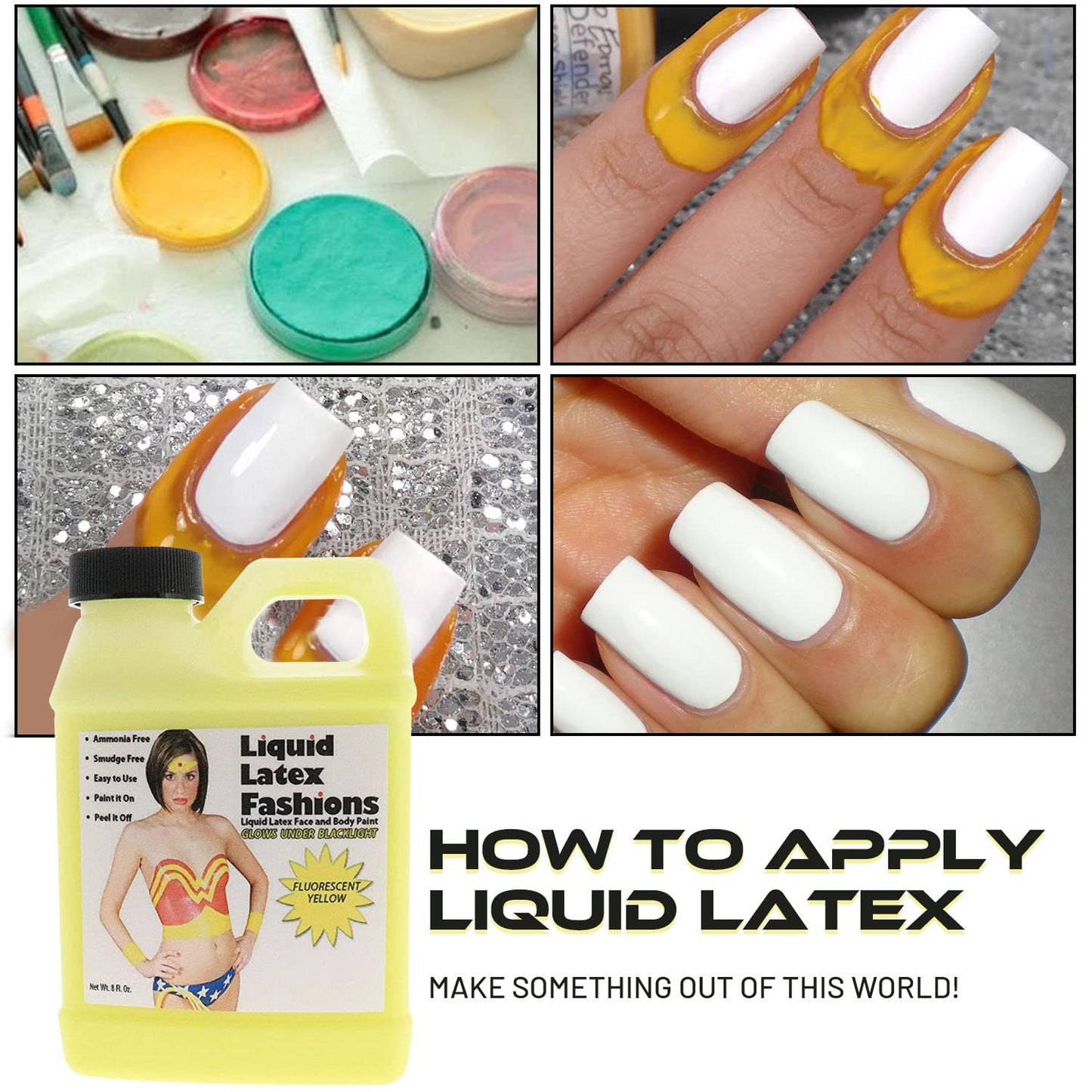 Fluorescent Yellow 8 Oz - Liquid Latex Face and Body Paint, Black Light UV Reactive GLOW, Art, Theater, School Plays, Cosplays and Concerts!