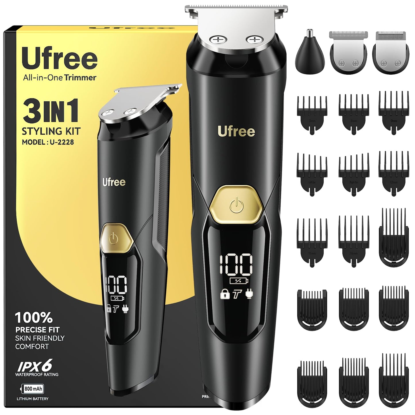 Ufree 3-in-1 Beard Trimmer for Men, IPX6 Waterproof Electric Razor Shaver, Hair Mustache Body Nose Trimmer, Type-C Clippers Husband Father boy Beauty and Personal Care Ufree
