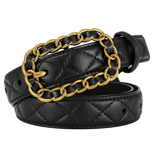 Karoukee Women Fashion Quilted Belt for Dresses Jeans Pants Designer Genuine Leather Ladies Belts with Braided Chain Buckle (Suitable for waist size…