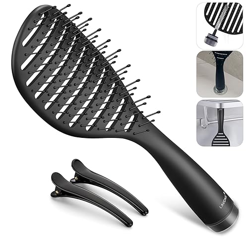 Curved Vented Hairbrush Faster Blow Drying - Detangling Brush with Built in Cleaner, Magnetic Holder and Hair Clips for Women, Men & Kids - Black