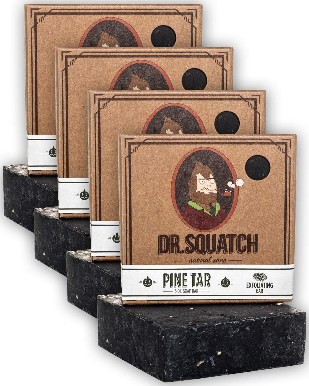 Dr. Squatch Pine Tar Soap 4-Pack Bundle - Bar Soap for Men with Natural Woodsy Scent and Skin Exfoliating Scrub - Handmade with Pine, Coconut, Olive