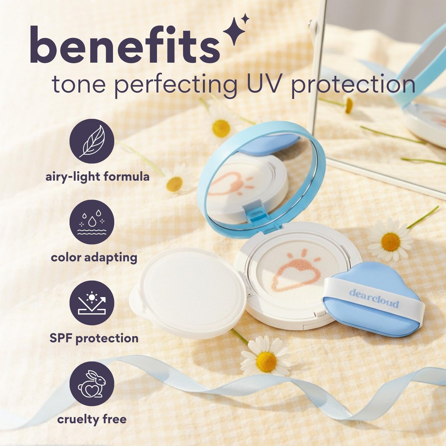 dearcloud Dear Sun Perfecting SPF Cushion - Color Adapting Sunscreen, Korean Sunscreen SPF 50+ (.53 oz)